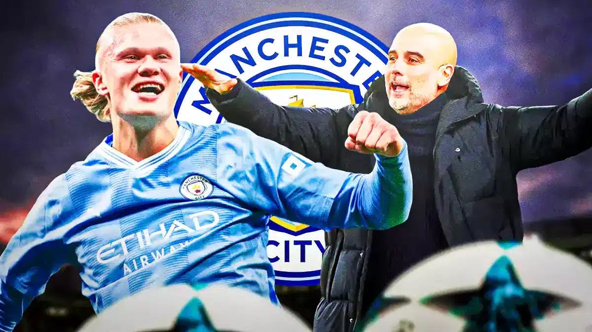 Pep Guardiola and Erling Haaland smiling in front of the Manchester City logo