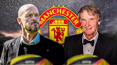 Erik ten Hag and Sir Jim Ratcliffe looking towards each other, the Manchester United logo behind them