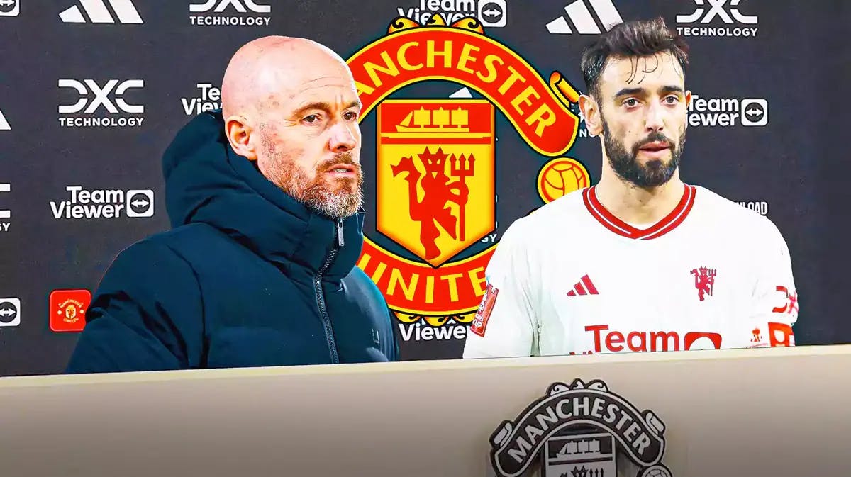 Erik ten Hag talking to the press, Bruno Fernandes on the side, the Manchester United logo behind them