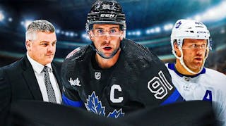Maple Leafs players John Tavares, Morgan Rielly, and coach Sheldon Keefe.