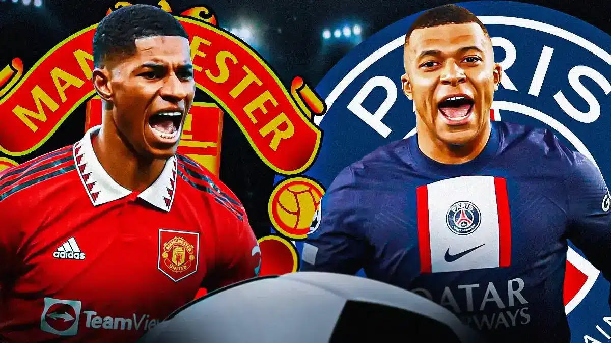 Marcus Rashford in front of the Manchester United logo, Kylian Mbappe in front of the PSG logo