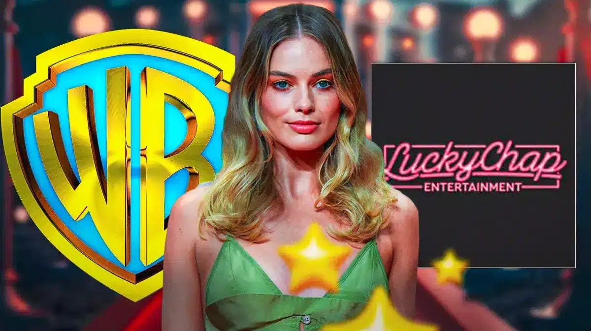 Barbie star Margot Robbie with Warner Bros and LuckyChap Entertainment logos.