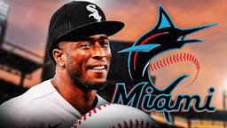 White Sox’s Tim Anderson on left, Miami Marlins' logo on right.