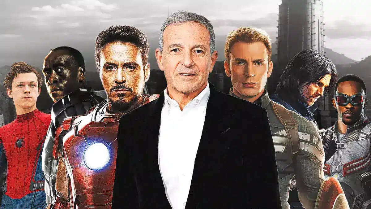 Disney CEO Bog Iger in the middle, Tom Holland as Spider-Man, Don Cheadle as War Machine, Robert Downey Jr. as Iron Man on his left; Chris Evans as Captain America, Sebastian Stan as The Winter Solider and Anthony Mackie as The Falcon on his right