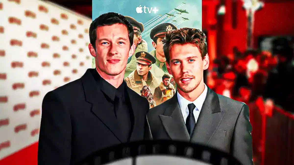 Callum Turner and Austin Butler with Masters of the Air poster in background.
