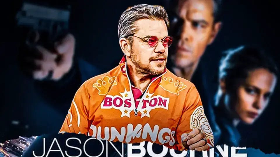 Matt Damon in The DunKings track suit, background Jason Bourne poster