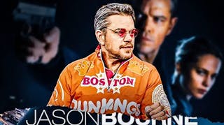 Matt Damon in The DunKings track suit, background Jason Bourne poster
