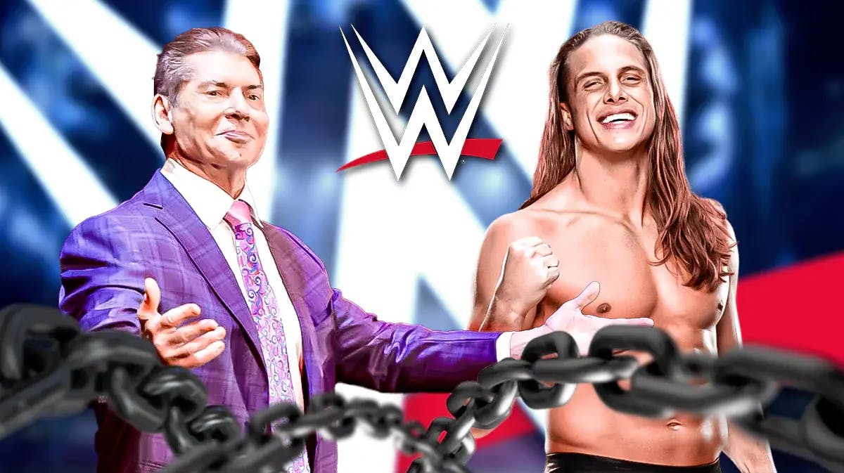 Matt Riddle next to Vince McMahon with the WWE logo as the background.