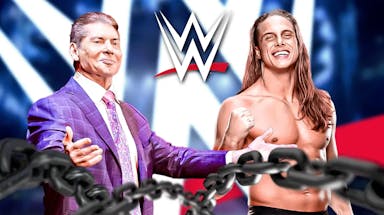 Matt Riddle next to Vince McMahon with the WWE logo as the background.