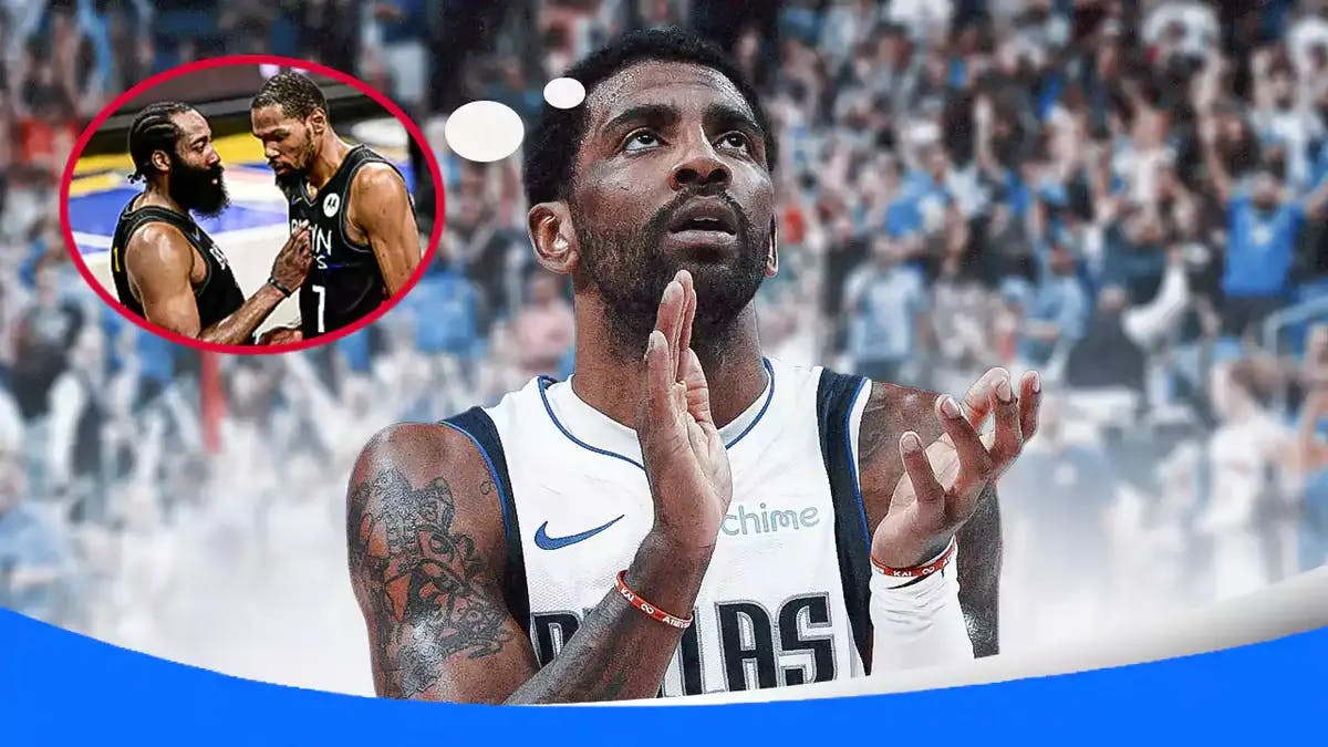 Mavericks' Kyrie Irving with a thought bubble containing an image of him, Kevin Durant, and James Harden in a Nets uni
