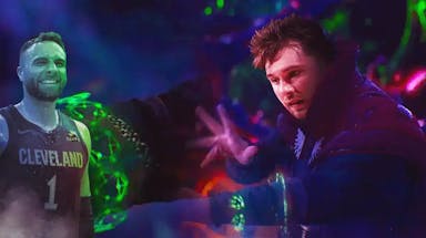 Mavericks' Luka Doncic as Doctor Strange playing with the time stone with Cavs' Max Strus on the side laughing