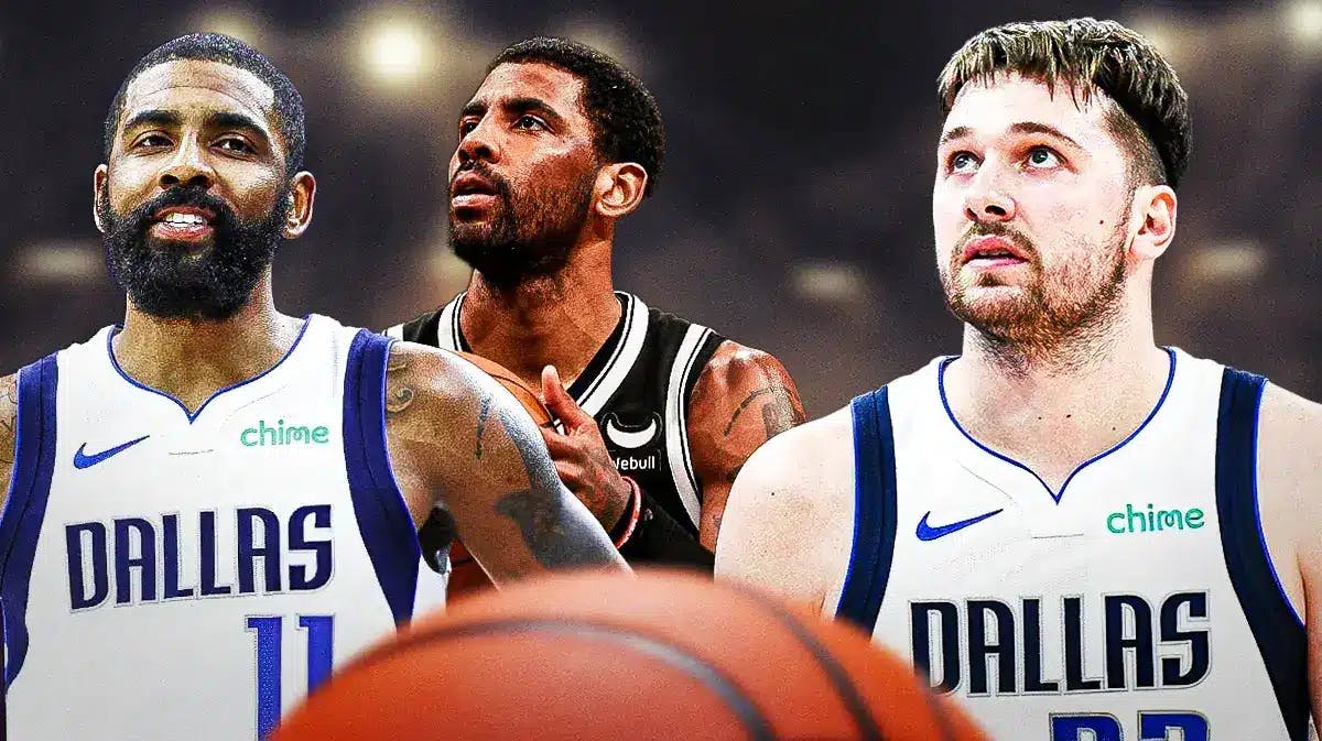 Mavericks' Kyrie Irving looking serious in front. In background, need Nets' Kyrie Irving shooting a basketball, Mavericks' Luka Doncic looking serious.