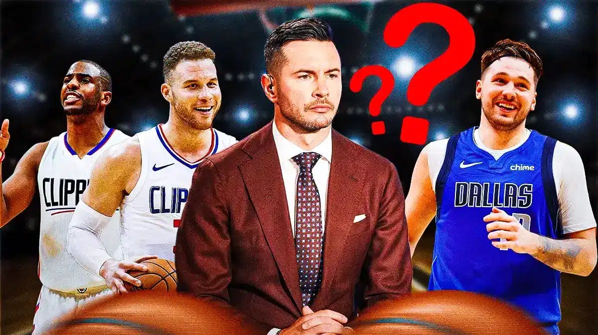 JJ Redick in middle. On left, need Clippers' Chris Paul, Clippers' Blake Griffin. On right, need Mavericks' Luka Doncic. However, place a question mark next to Luka.