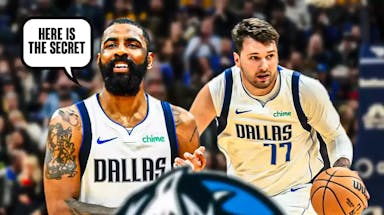 In front, Mavericks Kyrie Irving smiling and saying the following: Here is the secret In background, have Mavericks Luka Doncic dribbling a basketball.