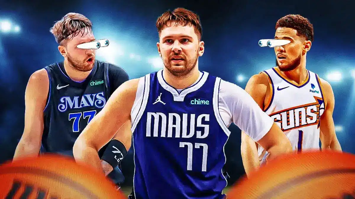 In background, need Mavericks' Luka Doncic and Suns' Devin Booker with eyes popping out looking at each other. (Doncic on left, Booker on right). In the middle and in front, need Mavericks' Luka Doncic looking serious.