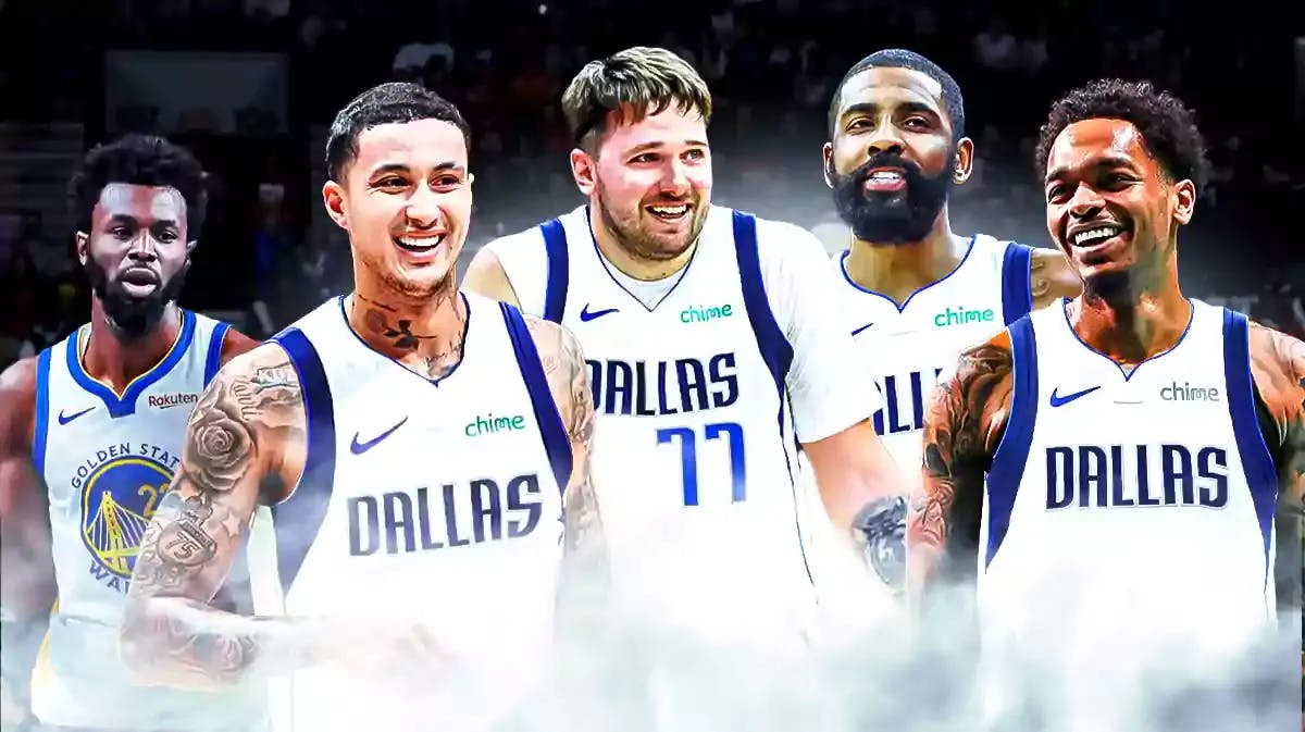 Mavericks' Luka Doncic, Mavericks' Kyrie Irving smiling next to PJ Washington and Kyle Kuzma BOTH IN MAVERICKS UNIFORMS please. In the background, place Andrew Wiggins in a Warriors uniform looking serious.