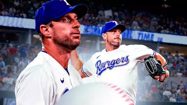 Max Scherzer in front looking serious. In background, Max Scherzer pitching a baseball. Rangers uniform for both.