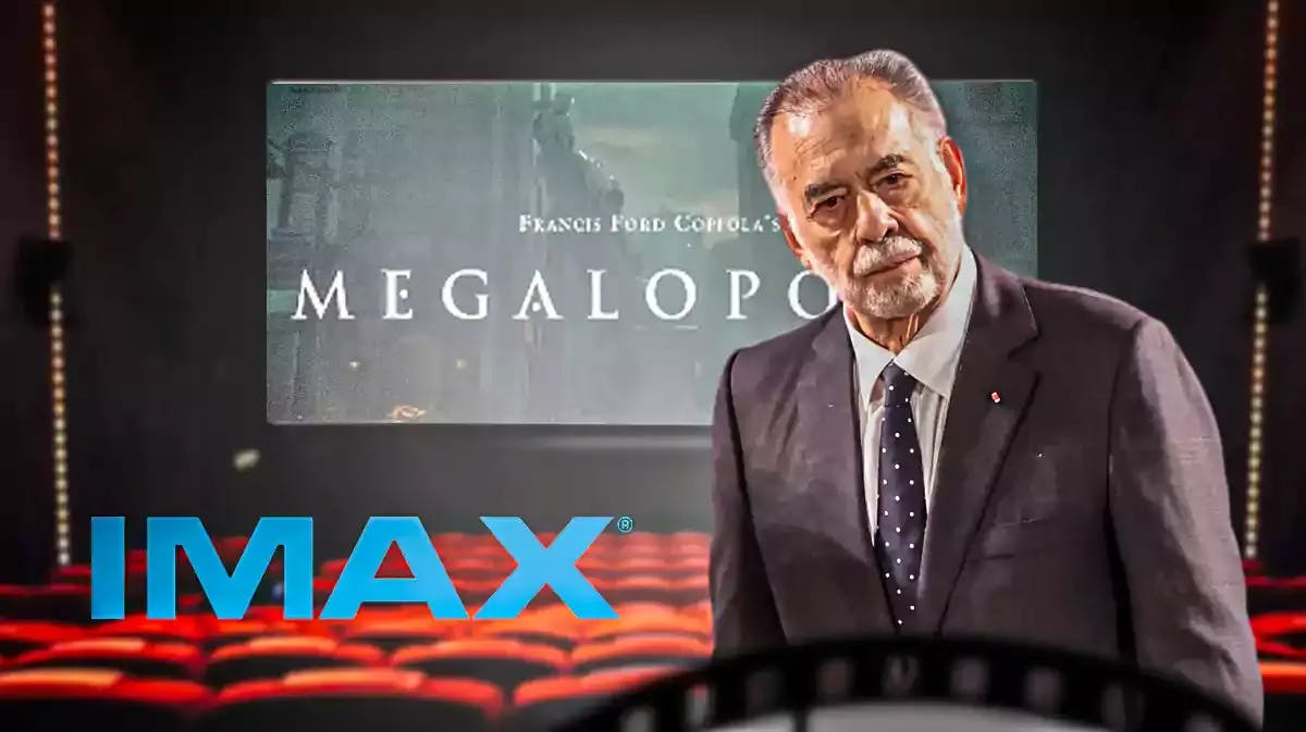 Megalopolis logo on movie theater screen with IMAX logo and Francis Ford Coppola.