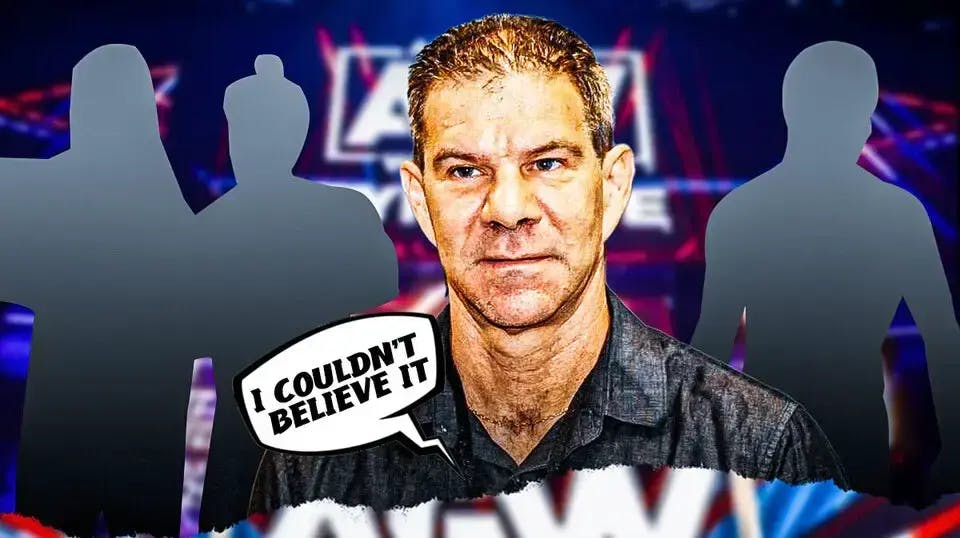 Dave Meltzer with a text bubble reading “I couldn’t believe it” with the blacked-out silhouette of Darby Allin on his left and the blacked out silhouette of the Young Bucks on his right with the AEW Dynamite logo as the background.