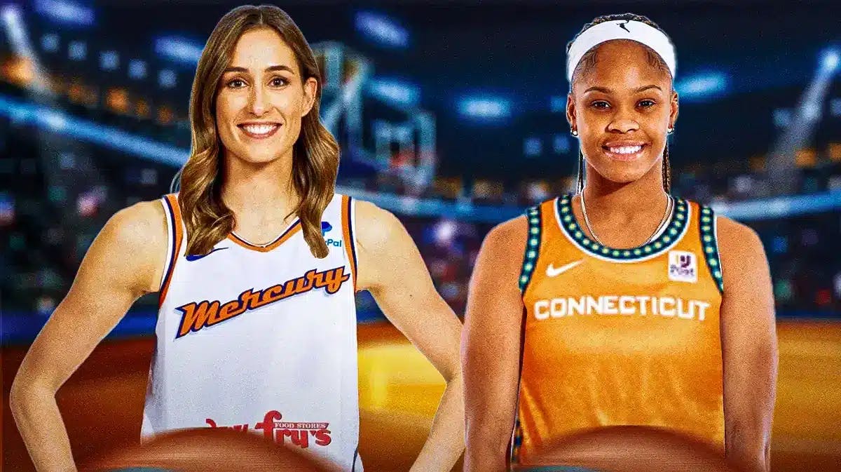WNBA player Rebecca Allen in a Phoenix Mercury uniform and WNBA player Moriah Jefferson in a Connecticut Sun uniform.