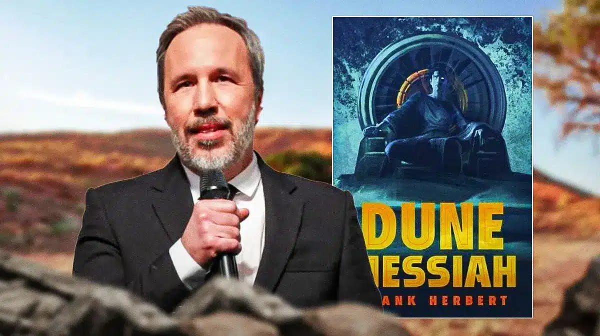 Denis Villeneuve next to Dune Messiah book cover and sand background.