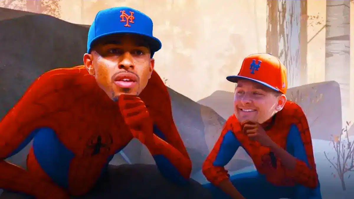 Jett Williams as young spider-man, Mets' Francisco Lindor as old spider-man