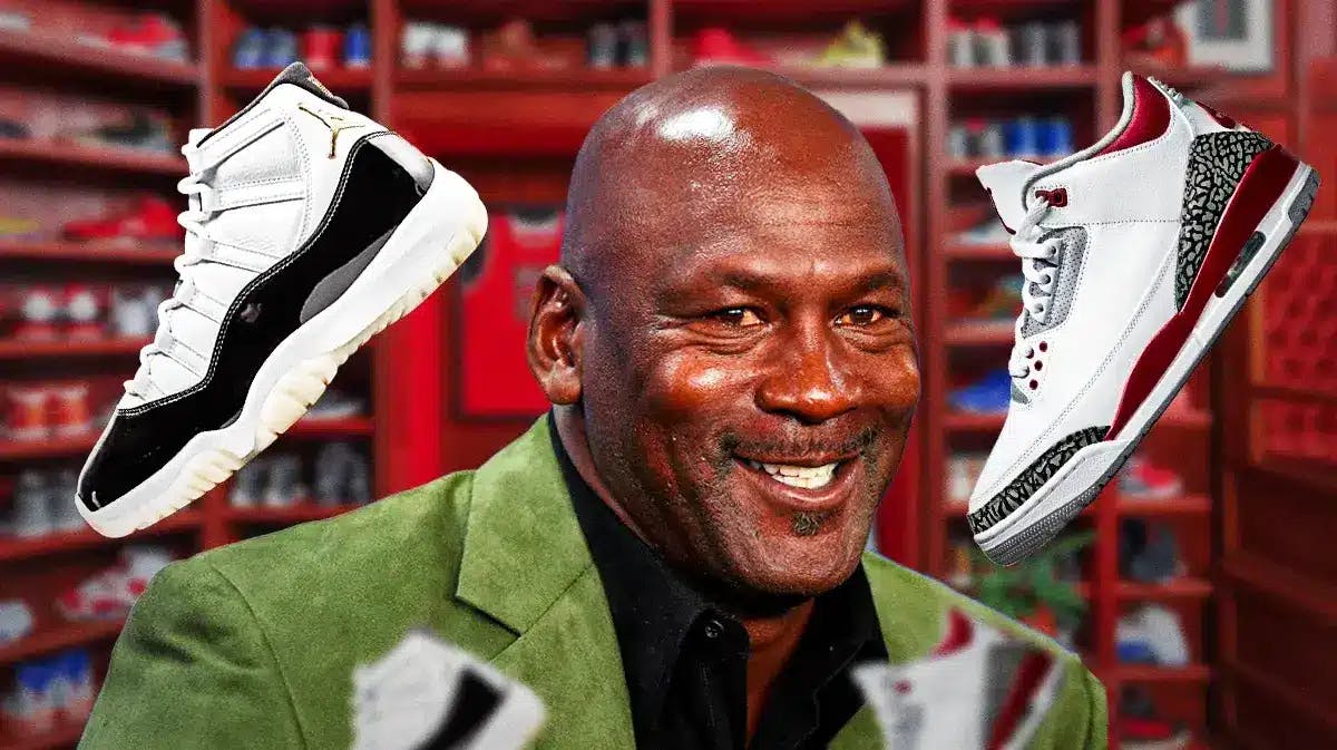Photo: Michael Jordan smiling, have a pair of Air Jordan XI’s and Air Jordan III’s beside him