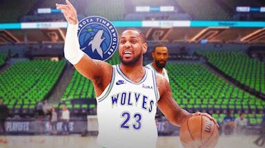 Timberwolves Monte Morris next to a Timberwolves logo and Mike Conley