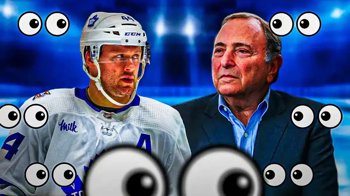 Morgan Rielly on one side, Gary Bettman on the other side with the big eyes emoji over his face
