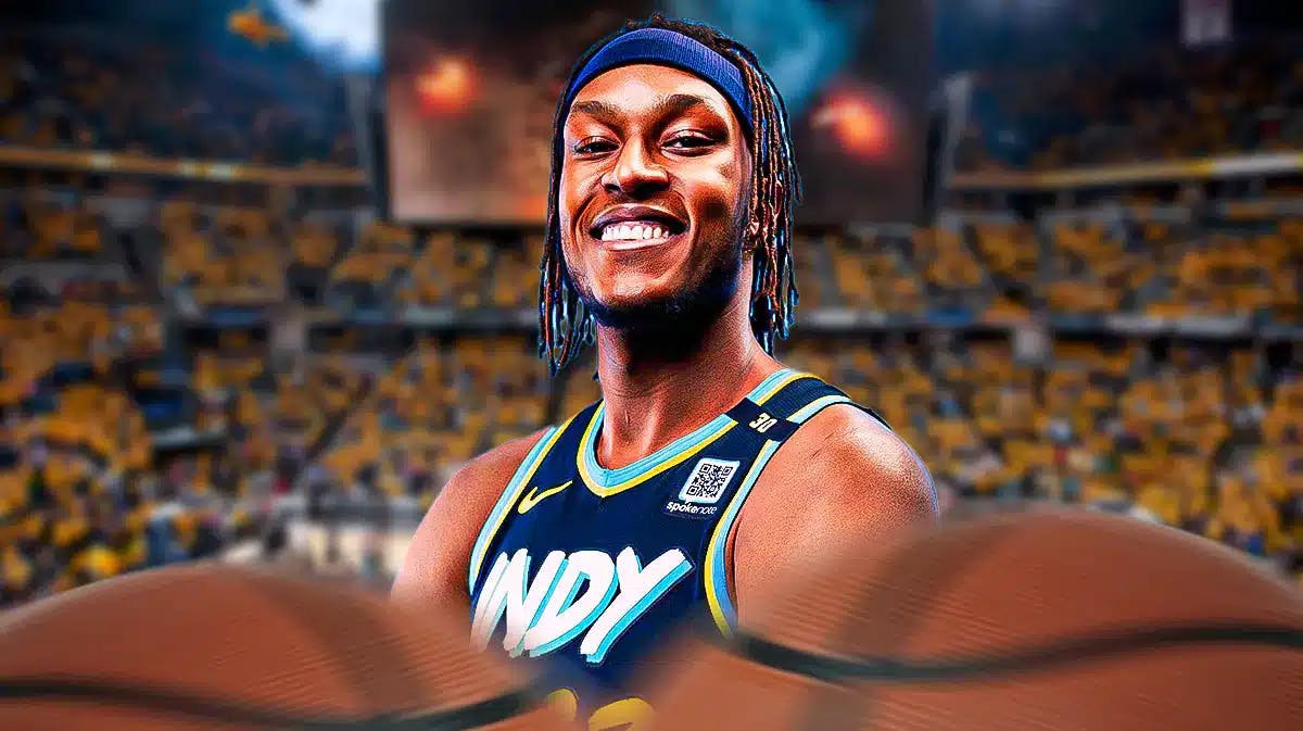 Myles Turner with the Pacers arena in the background, trade deadline