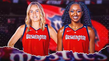 Karlie Samuelson and DiDi Richards in Mystics jerseys with the Mystics arena in the background, WNBA free agency