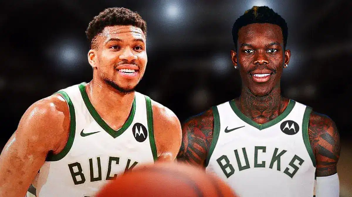 Bucks' Giannis Antetokounmpo hyped up while looking at Dennis Schroder in a Bucks uniform