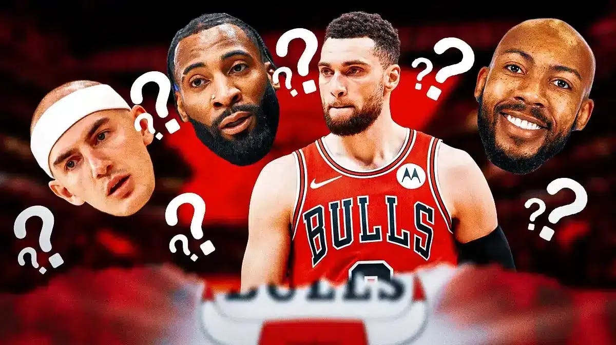 Bulls' Zach LaVine in the middle, with heads of Andre Drummond, Alex Caruso, and Jevon Carter around LaVine, question marks all over
