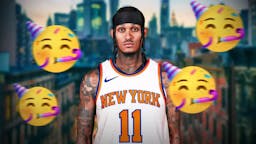 Jazz’s Jordan Clarkson in a Knicks uniform, with party emojis all over Clarkson