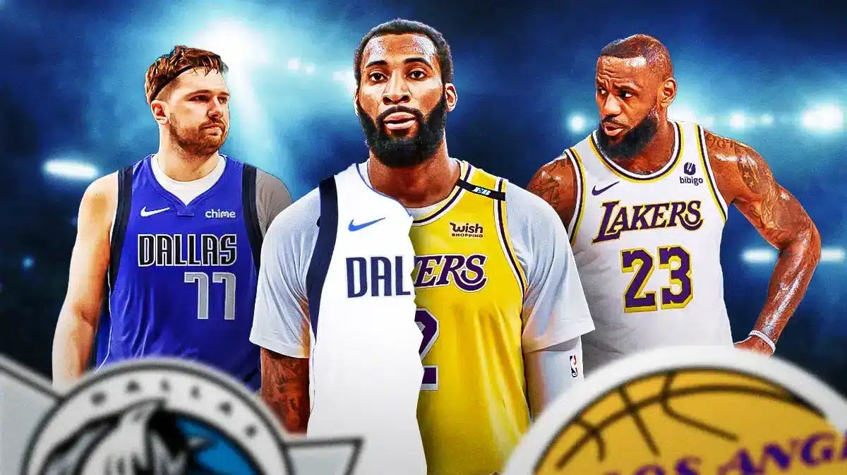 Bulls' Andre Drummond in the middle in a half Lakers/Mavericks uniform, with LeBron James and Luka Doncic beside Drummond