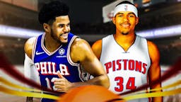 76ers' Tobias Harris smiling, with a picture of him with the Pistons (2016-17 version) beside him