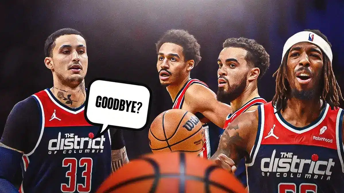 Wizards' Kyle Kuzma with a speech bubble: “Goodbye?” while looking at Tyus Jones, Delon Wright, and Jordan Poole
