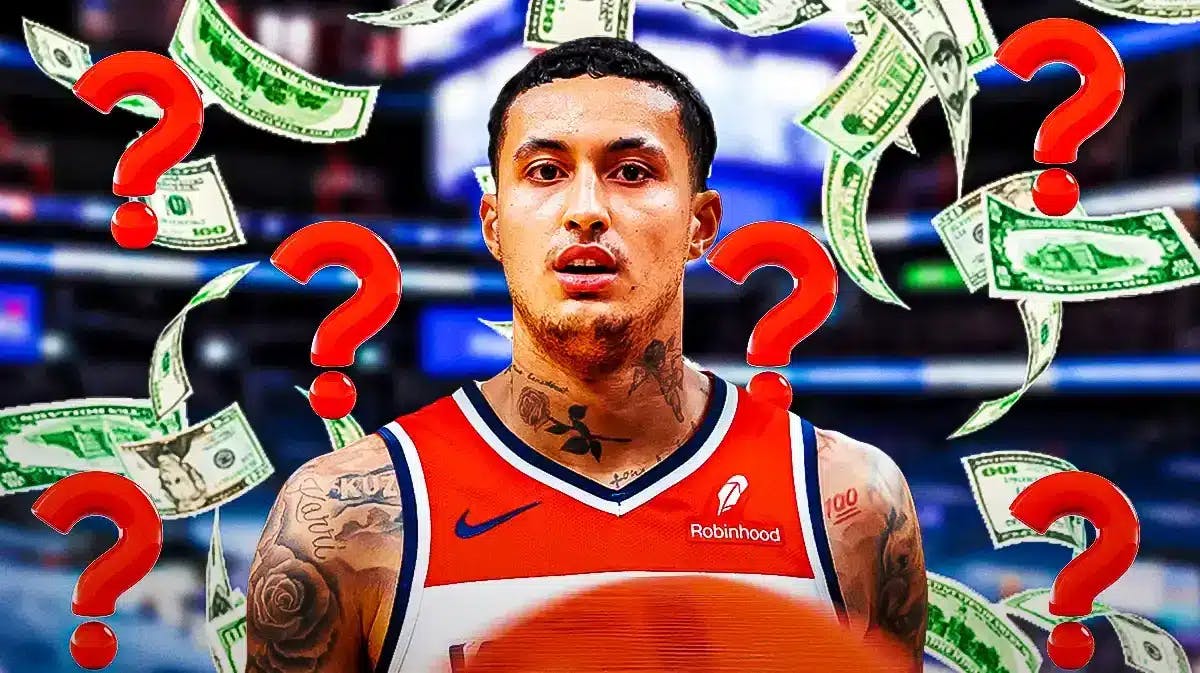 Wizards' Kyle Kuzma smiling with cash raining behind him and question marks around him