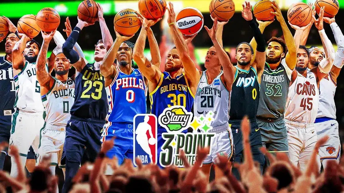 In front is Steph Curry and Sabrina Ionescu. Behind them are Malik Beasley, Lauri Markkanen, Damian Lillard, Jalen Brunson, Tyrese Haliburton, Trae Young, Donovan Mitchell, Karl-Anthony Towns. Preferably all players in the shooting of a basketball motion. 3-Point Contest logo front and bottom of the graphic.