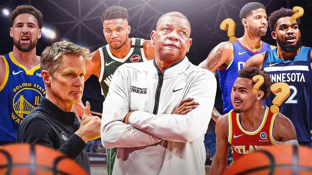 Bucks' Doc Rivers; Warriors' Klay Thompson and Steve Kerr; Paul George, Karl-Anthony Towns and Trae Young with question marks