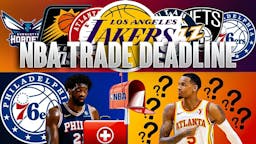 NBA trade deadline graphic with Joel Embiid, Dejounte Murray, and team logos of Lakers, Hawks, Jazz, 76ers, Suns, and Hornets