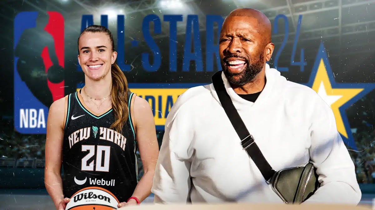 Sabrina Ionescu opposite Kenny Smith the the 2024 NBA All-Star Weekend logo in the background, Stephen Curry