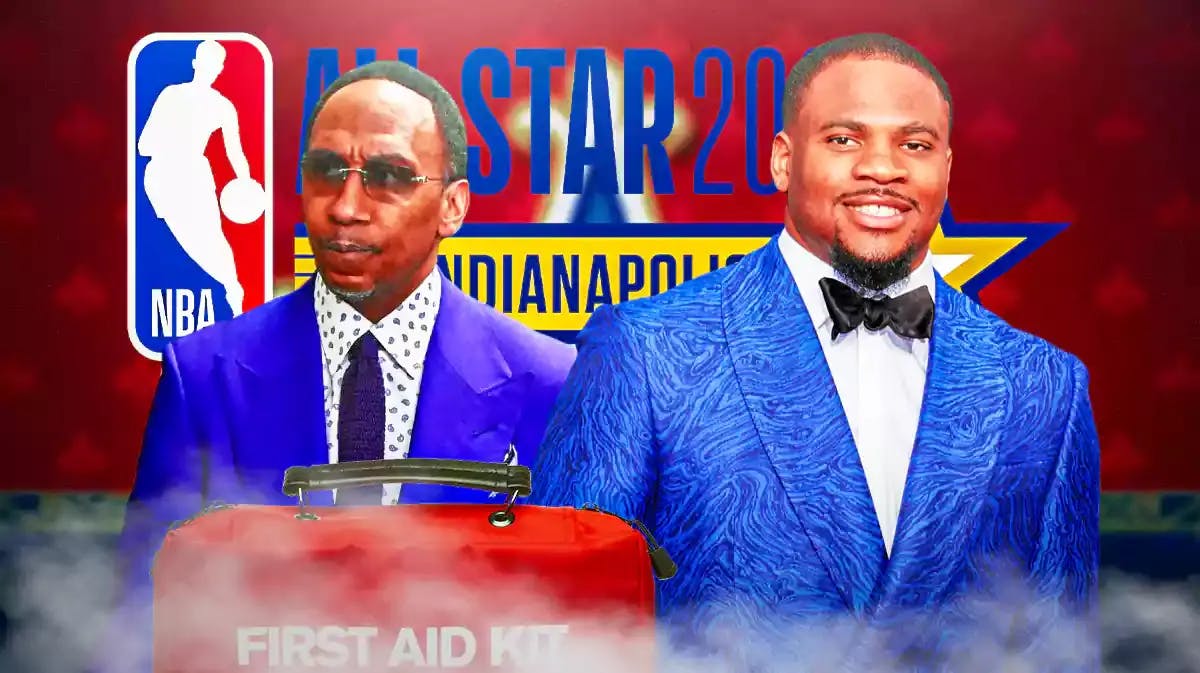 Stephen A Smith with a first aid kit in front of him next to Cowboys Micah Parsons and NBA All-Star weekend logo as background ahead of the Celebrity Game.