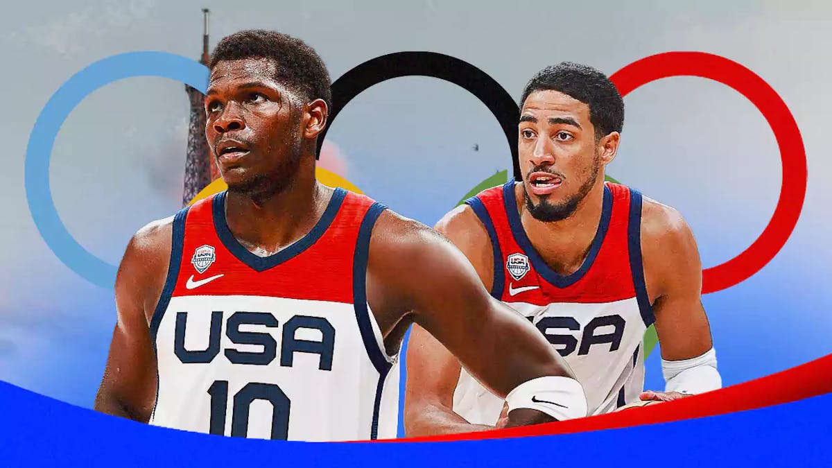 Anthony Edwards and Tyrese Haliburton in Team USA jerseys with the Olympics logo in the background