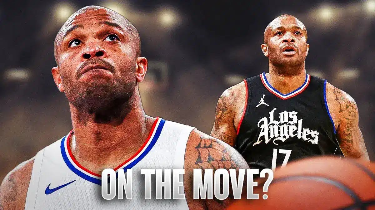 PJ Tucker in a Clippers uniform. Text across the screen that says “On the move?”