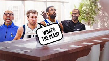 Mavericks' Jason Kidd, Mavericks' Nico Harrison, Mavericks' Luka Doncic, Mavericks' Kyrie Irving all sitting together at a desk. Have Luka asking the following: What’s the plan?