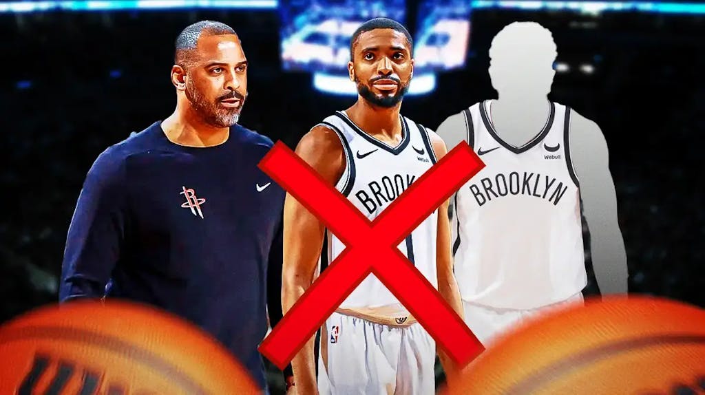 Rockets coach Ime Udoka looking at the Nets' Mikal Bridges with a red x over him and a silhouette of the Nets Royce O’Neal