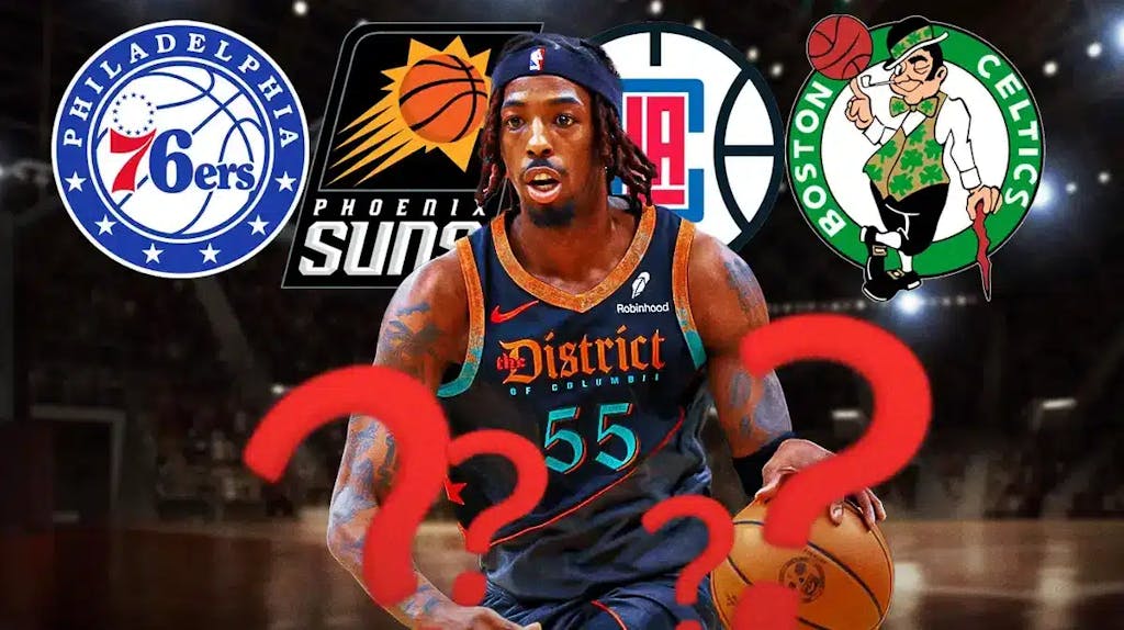 Wizards' Delon Wright next to 76ers, Suns, Clippers, and Celtics logos.