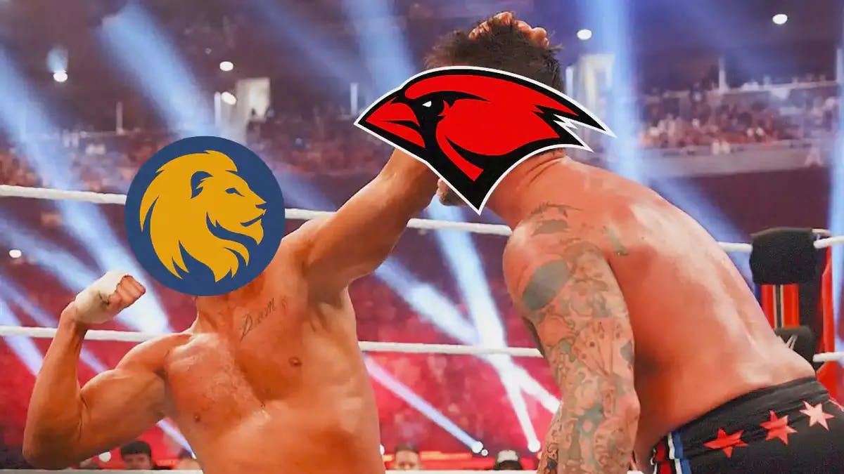 The logo of Texas A&M Commerce on Cody Rhodes and Incarnate Word logo on CM Punk to show Texas A&M-Commerce-Incarnate Word fight