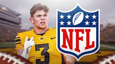 Iowa football’s Cooper DeJean looking serious on left. NFL logo on right.